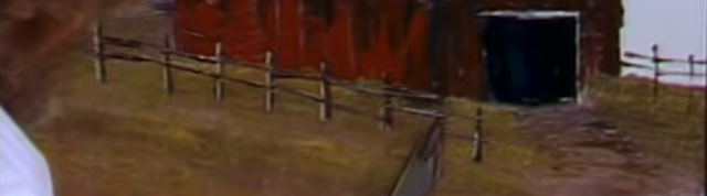 painting detail showing wooden fence posts next to a barn